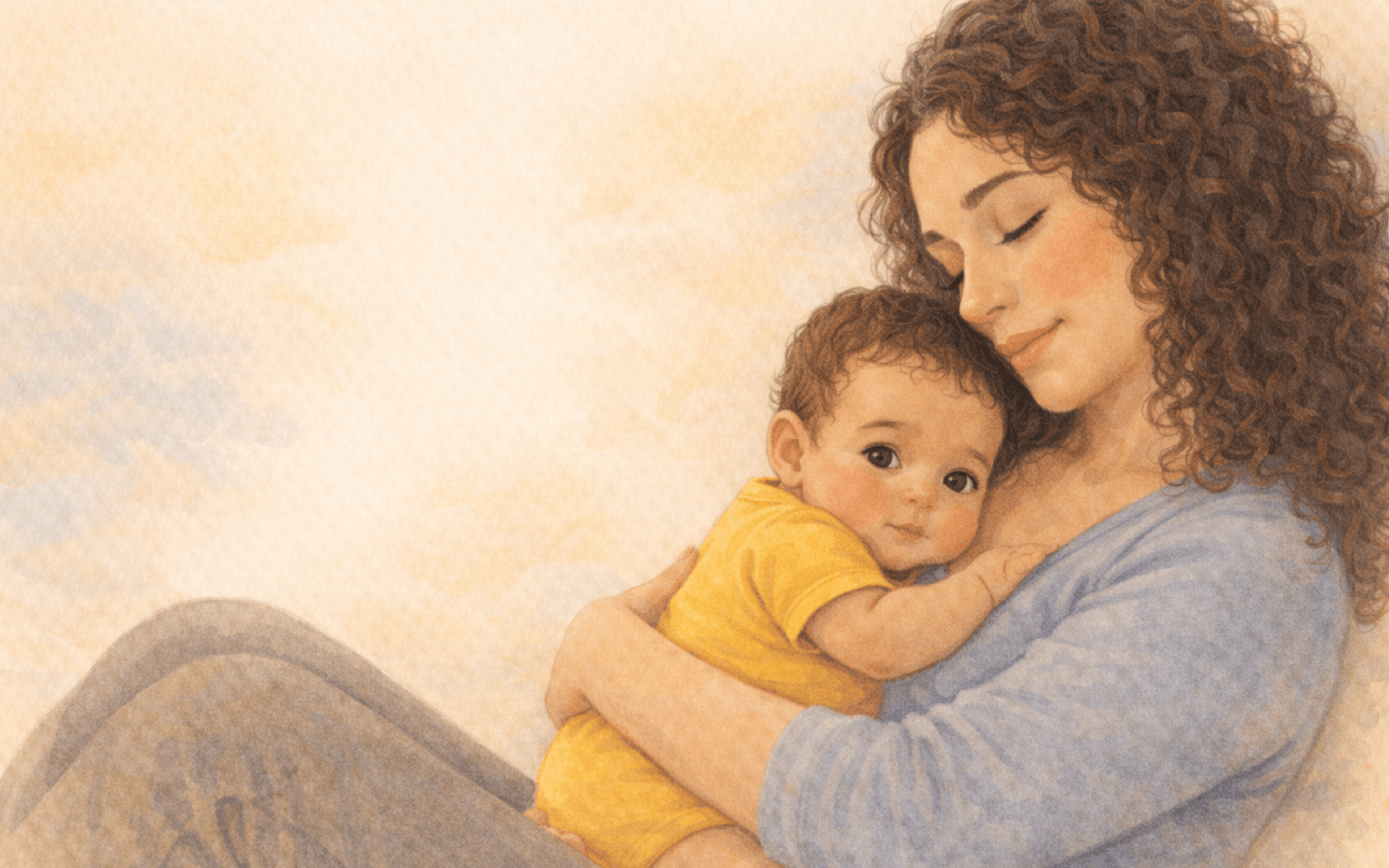 Watercolor illustration of a mother sitting on the floor holding her baby close, in a quiet moment