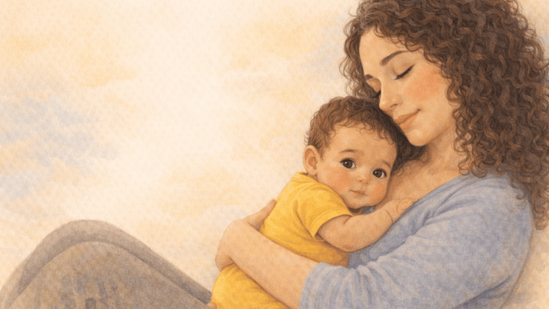 Watercolor illustration of a mother sitting on the floor holding her baby close, in a quiet moment