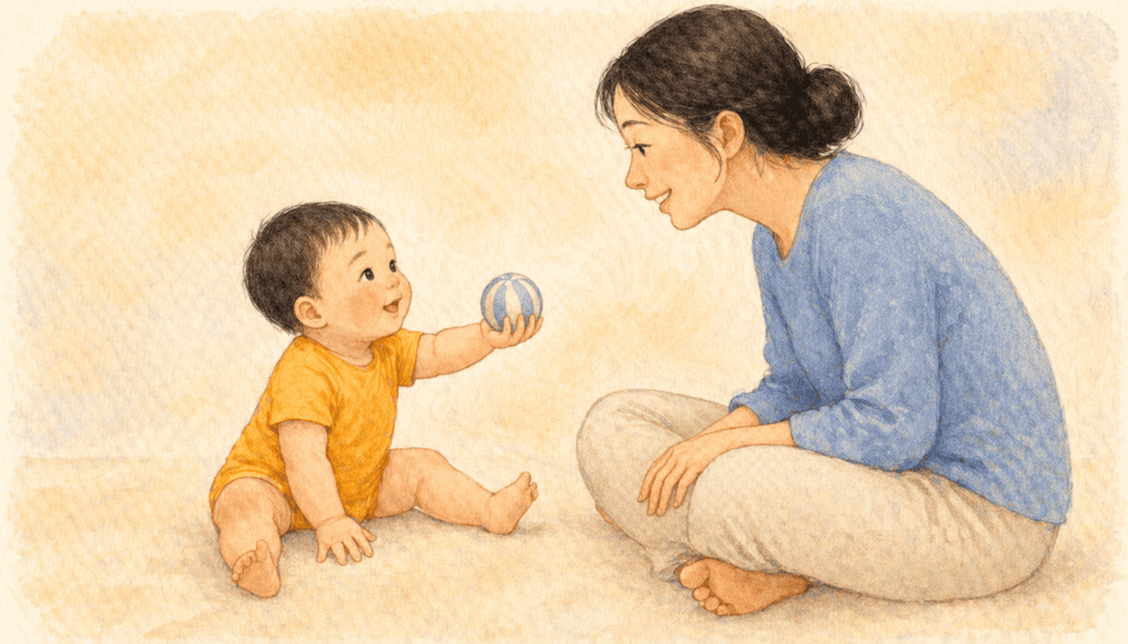 Nine-month-old baby holding up a small fabric ball toward mother and checking her face — pre-pointing communication behavior at 9 months
