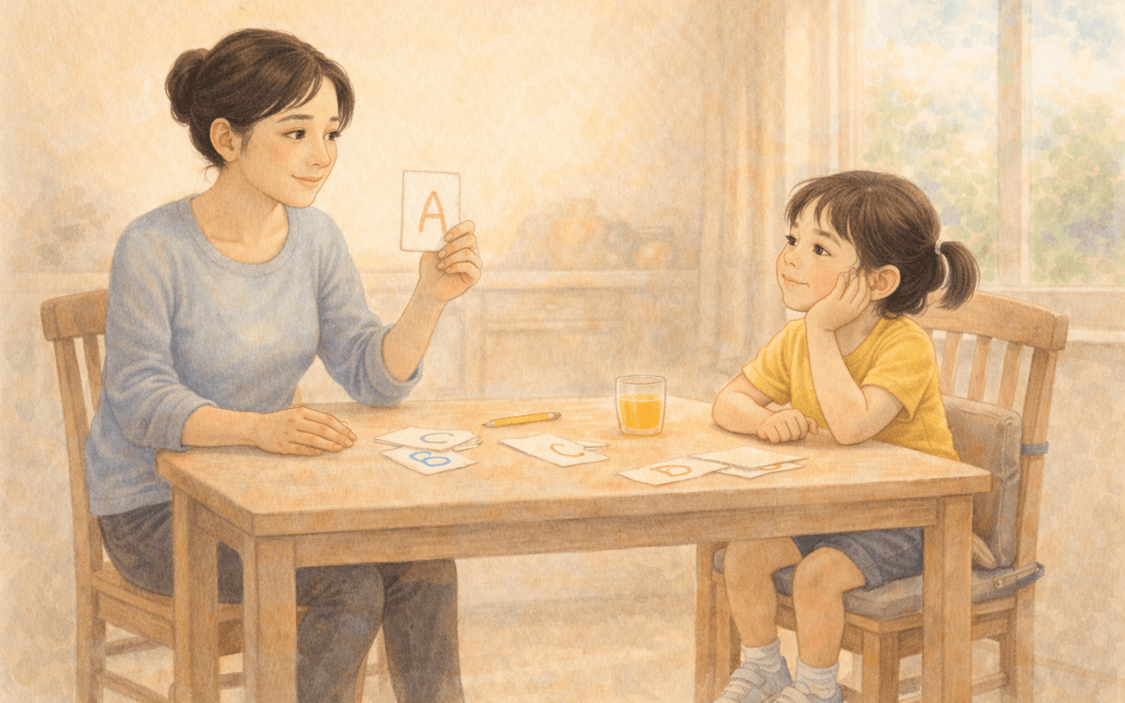 Five year old daydreaming while mother holds alphabet flashcard — kindergarten readiness is more than ABCs