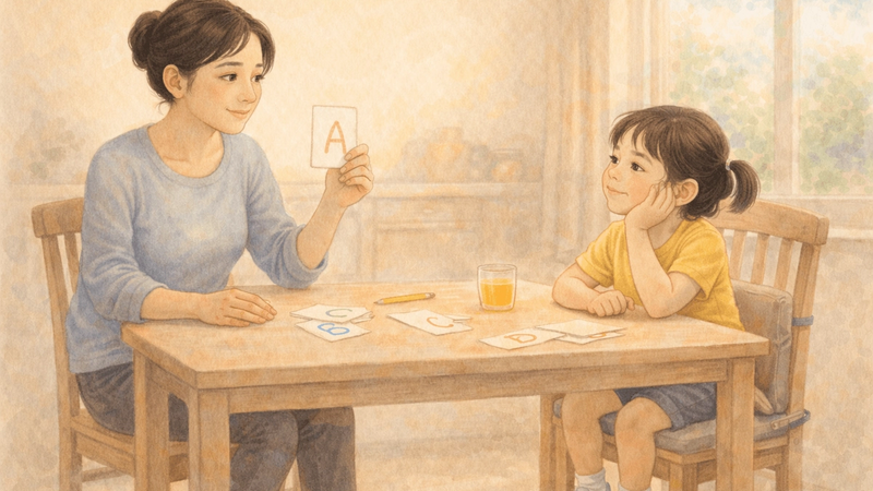 Five year old daydreaming while mother holds alphabet flashcard — kindergarten readiness is more than ABCs