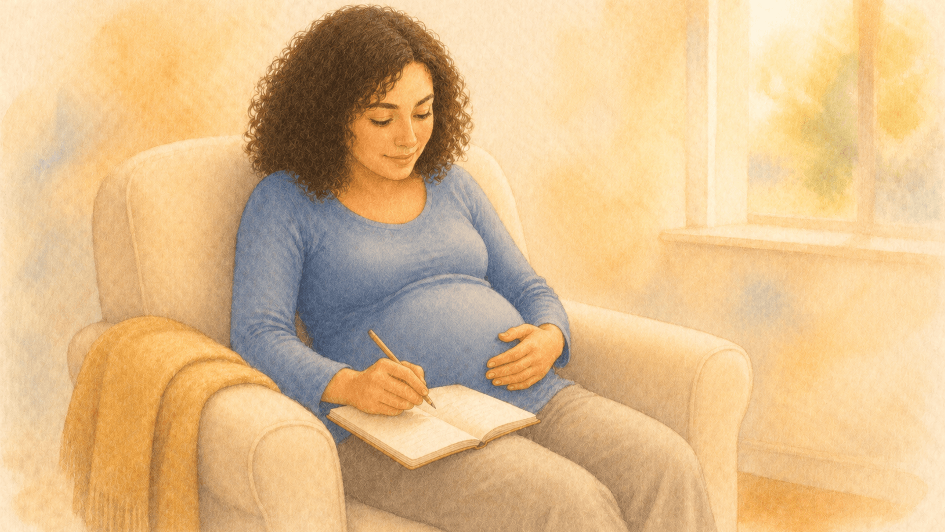 Pregnant woman in her third trimester sitting in an armchair writing a short list in a notebook — illustrating a research-based third trimester checklist