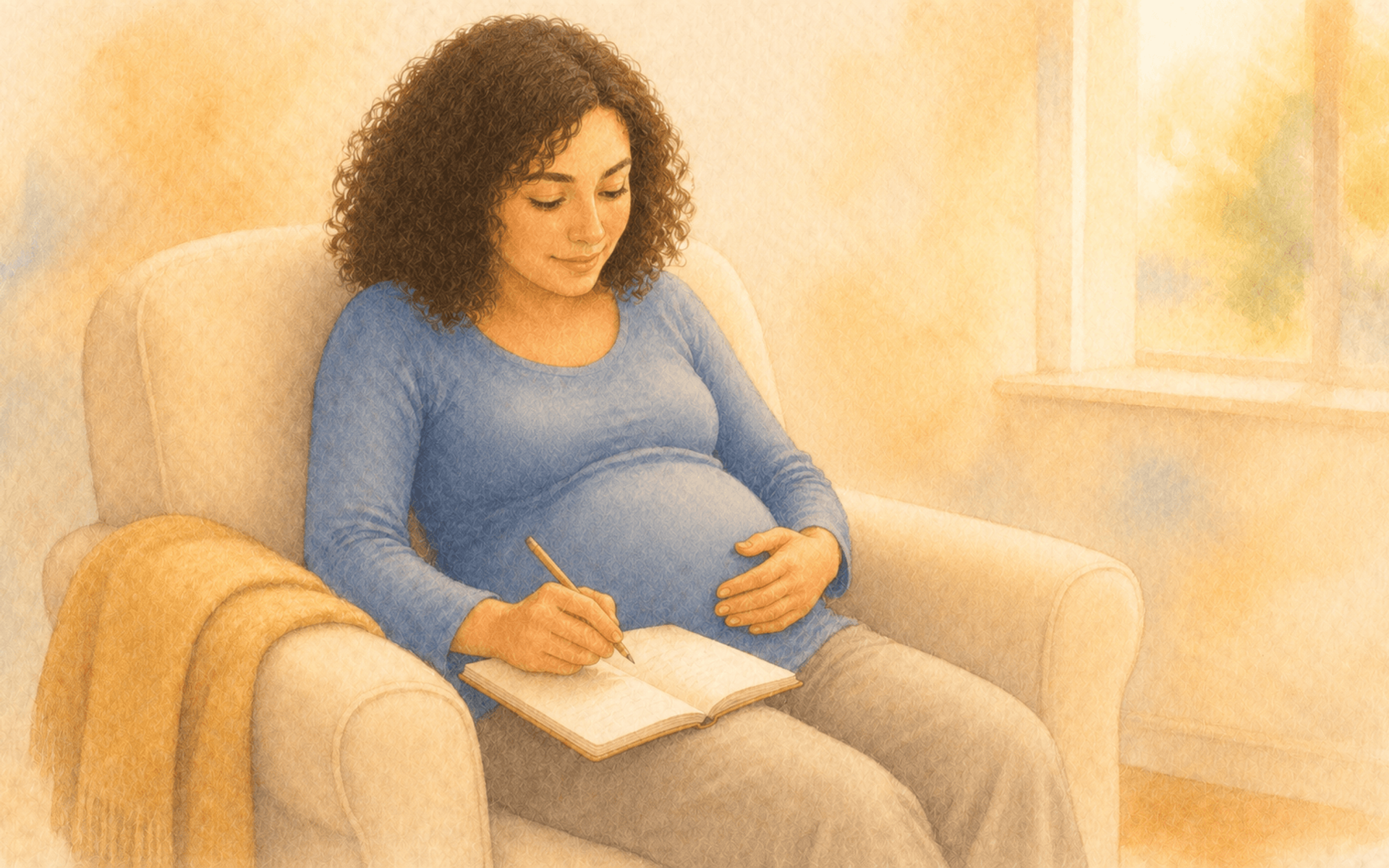 Pregnant woman in her third trimester sitting in an armchair writing a short list in a notebook — illustrating a research-based third trimester checklist
