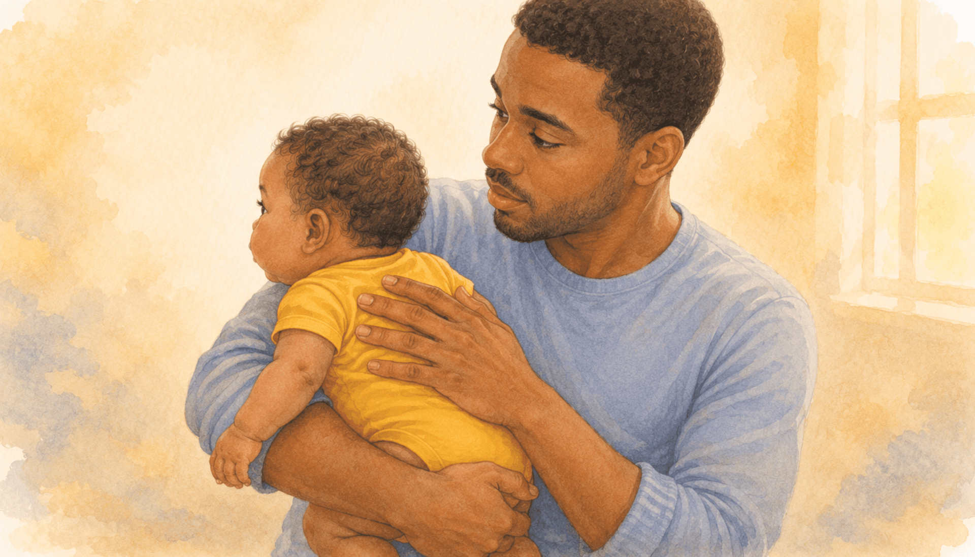 Father cradling a 3-month-old baby whose head is turned away — illustrating gaze aversion as an early overstimulated baby sign