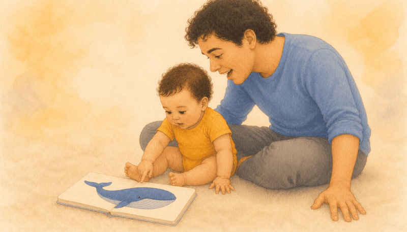 Father and eleven-month-old baby reading a picture book together, both looking at the same whale illustration — dad gaze-following activity for early language development