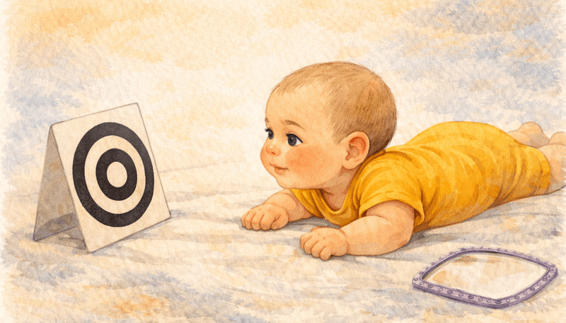 Baby doing tummy time while looking at black and white high contrast card — visual motivation during tummy time