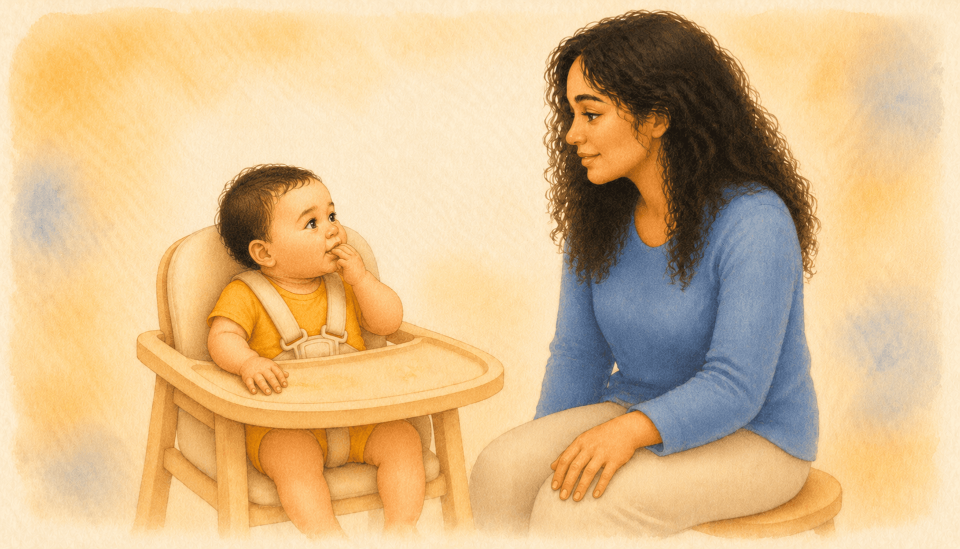 Calm 6-month-old baby in high chair after eating, mother sitting nearby watching quietly — two-hour observation window after allergen introduction