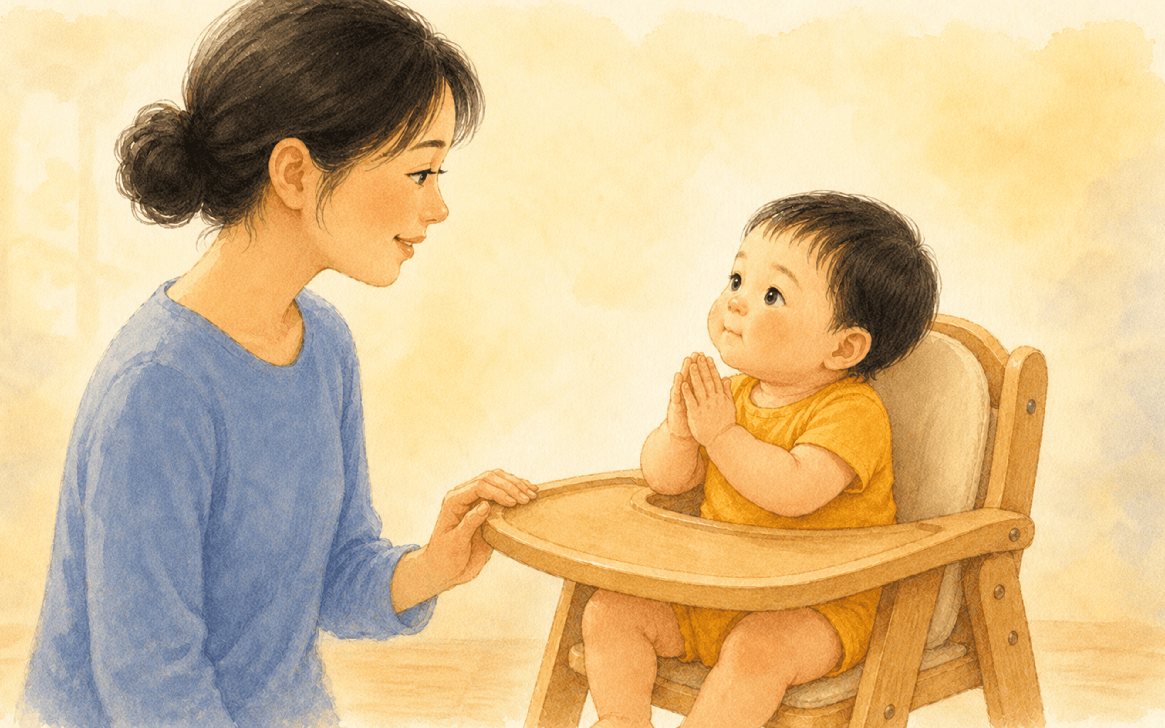 Baby in high chair making the "more" baby sign language gesture, looking at mother — watercolor illustration