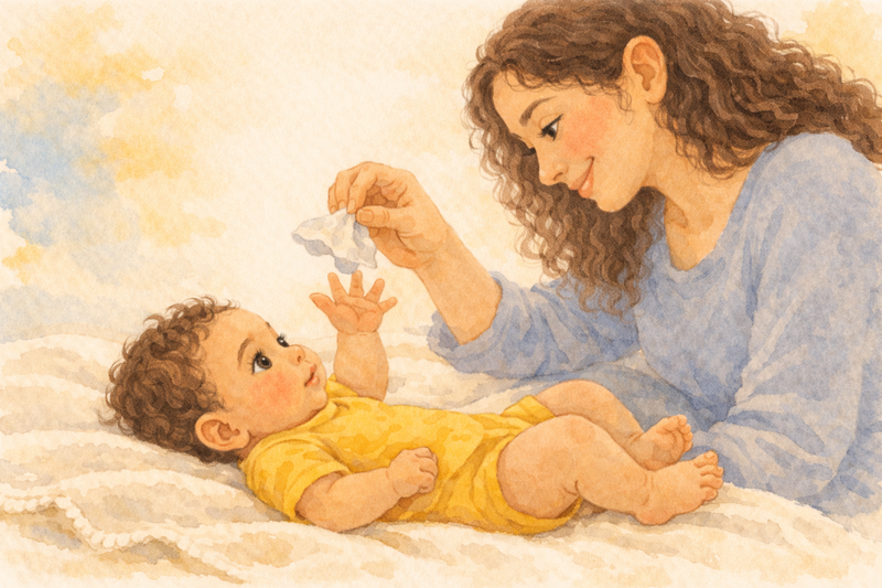 Mother holding soft fabric near her baby's reaching hand — tactile sensory play activity for infants