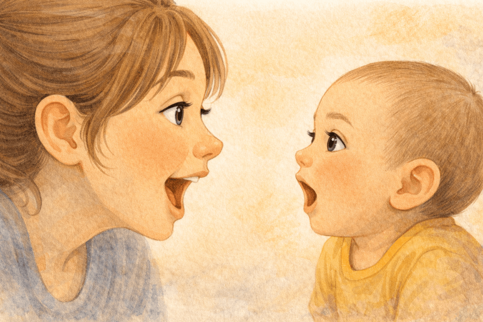 Watercolor illustration of parent and baby face to face during parentese speech with baby imitating the mouth shape