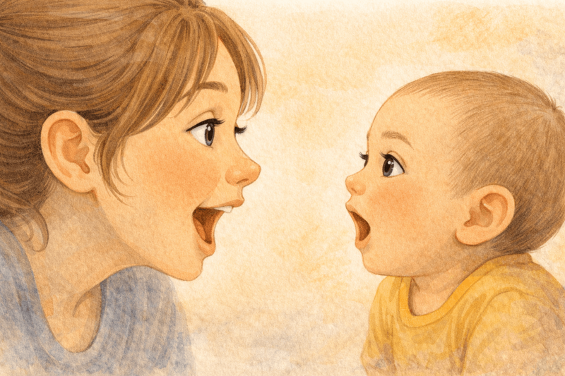 Watercolor illustration of parent and baby face to face during parentese speech with baby imitating the mouth shape