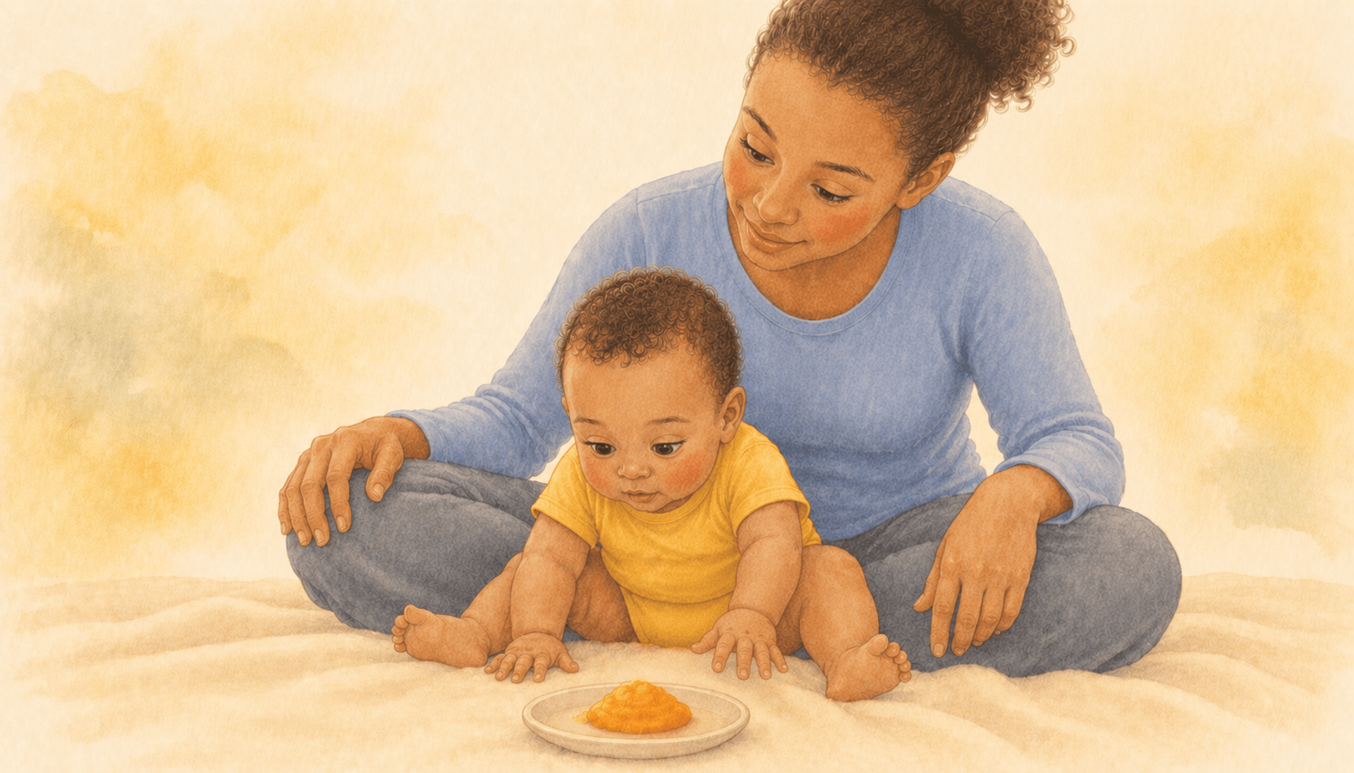 Baby sitting between mother's knees on a blanket, reaching toward a small plate of mashed sweet potato — first solid foods experience at six months