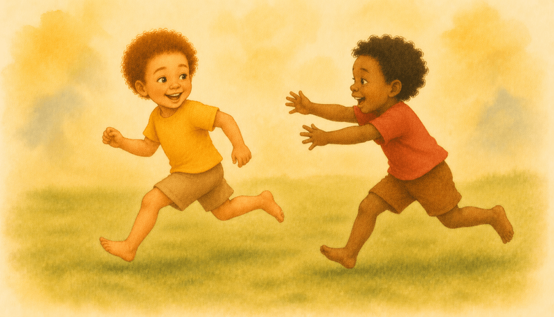 Two 4-year-old preschoolers running and laughing in a chase game on grass — big-body outdoor summer activities for preschoolers