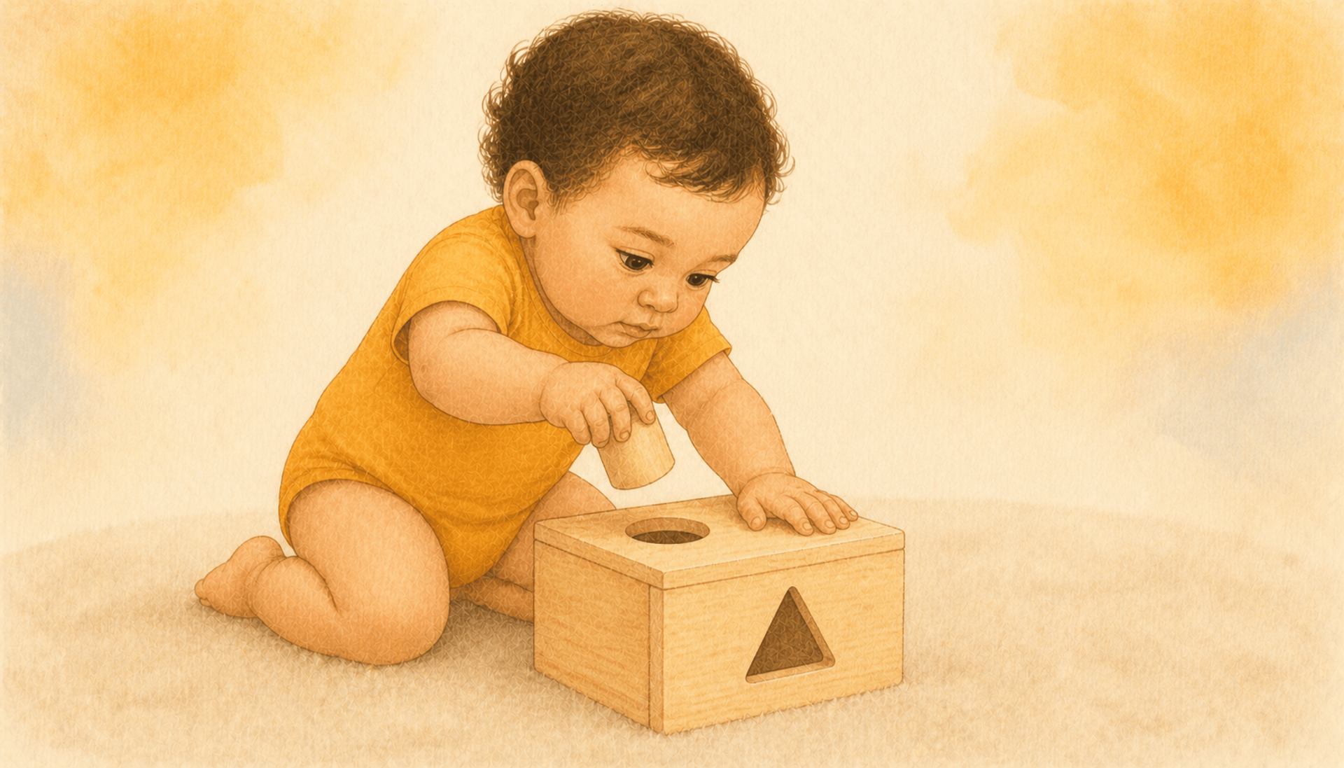Eighteen-month-old toddler seated on a rug concentrating on fitting a wooden cylinder into a natural wood shape sorter — shape-based cognitive activity for 18 month old development