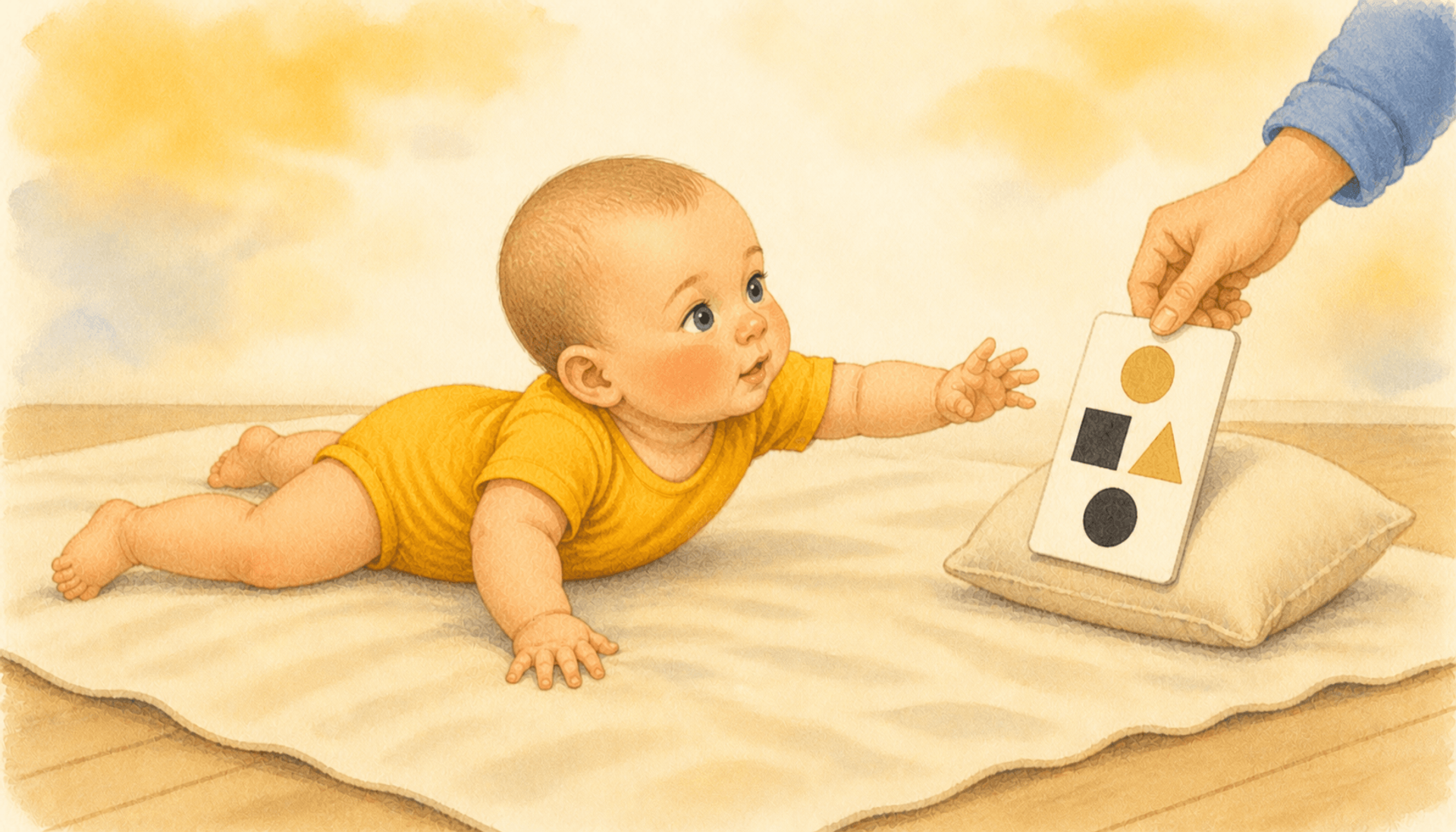Five-month-old baby on tummy reaching across body toward a high-contrast flashcard placed by mother just past the shoulder line — visual target practice that supports rolling over
