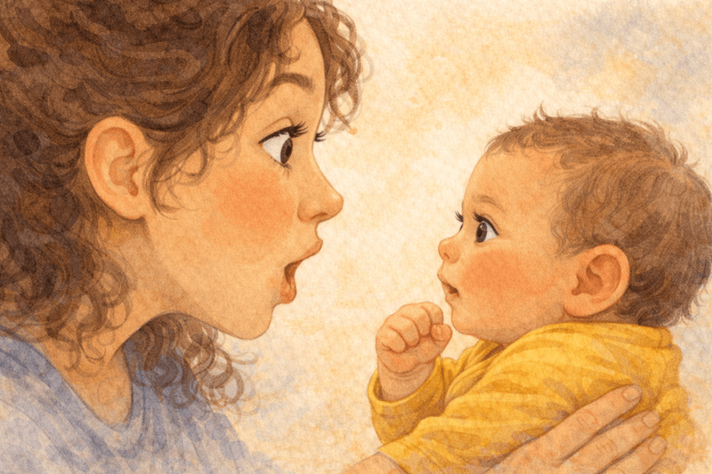 Mother making exaggerated surprised face at 2 month old baby — face-to-face interaction builds social brain circuits