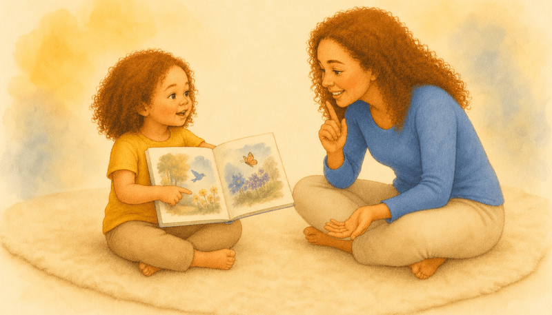 Three-year-old child holding an open picture book toward mother and pointing at the page — shared reading as a learning activity for 3 year olds that builds vocabulary and language