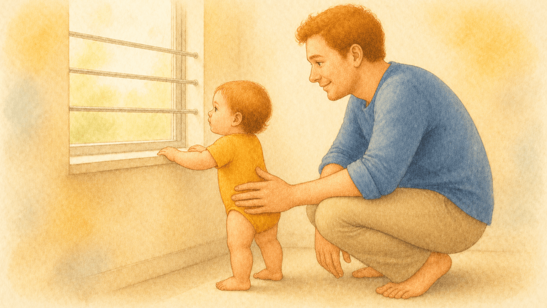 Father steadying his baby at a window fitted with a window guard — preventing window falls when baby proofing the home