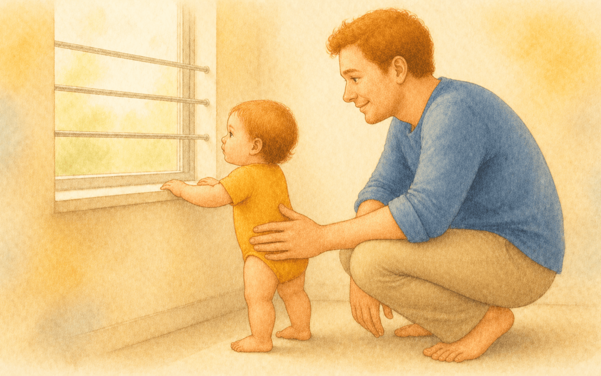 Father steadying his baby at a window fitted with a window guard — preventing window falls when baby proofing the home