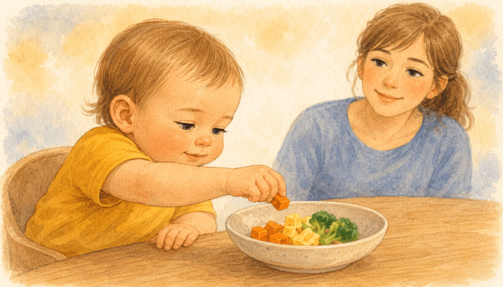 Toddler reaching into a shared serving bowl to pick up food — illustrating child-led portioning as part of healthy toddler meal structure