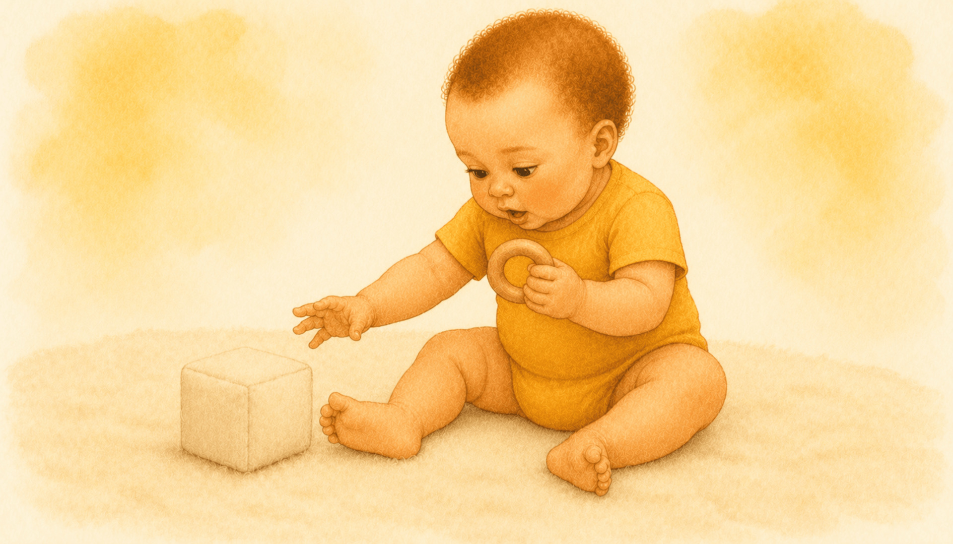 Seven-month-old baby sitting independently on a rug reaching for two objects — raking grasp and bimanual exploration in baby fine motor activities
