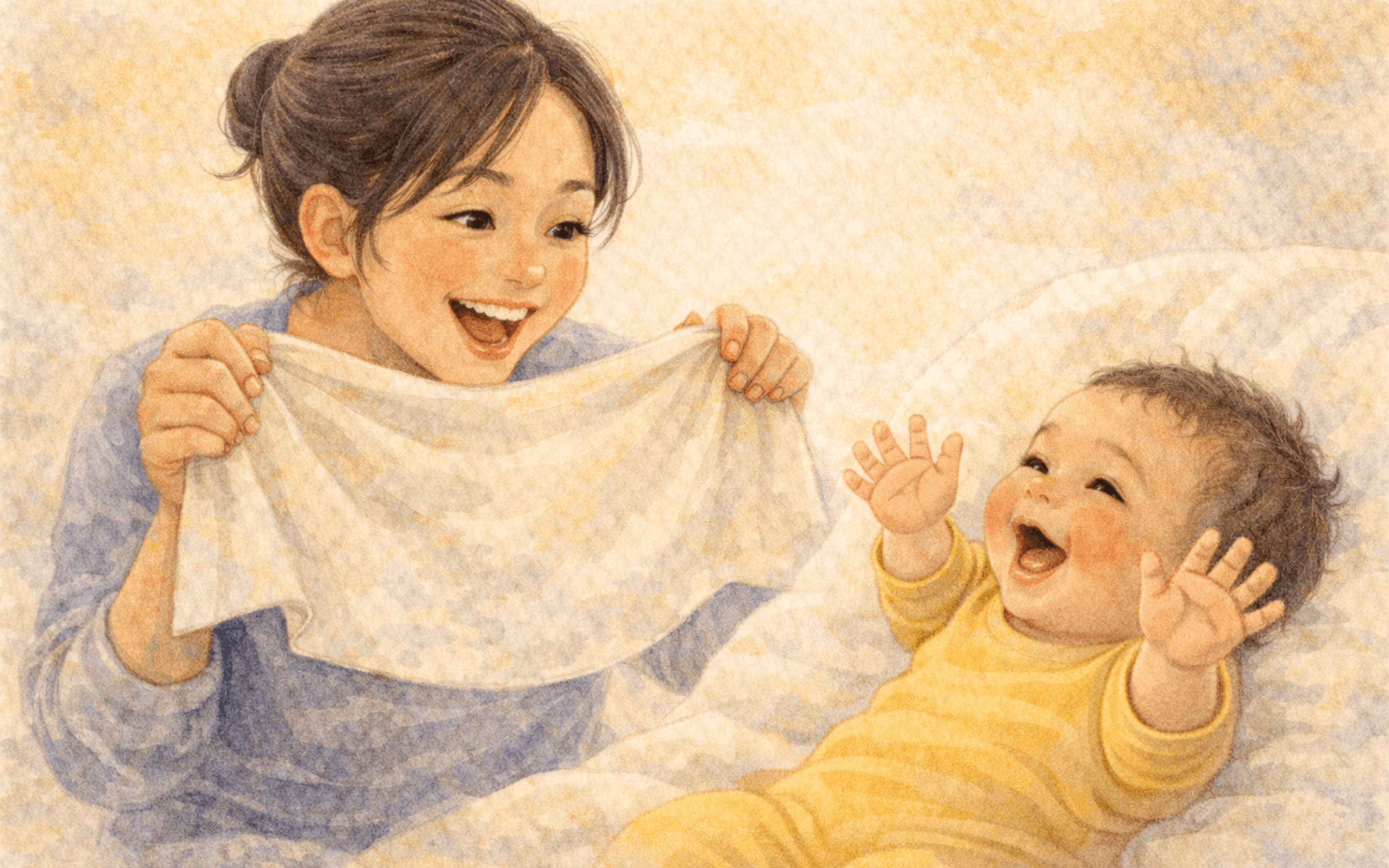 Mother playing peekaboo with 4 month old baby who is laughing with delight — cognitive development activity