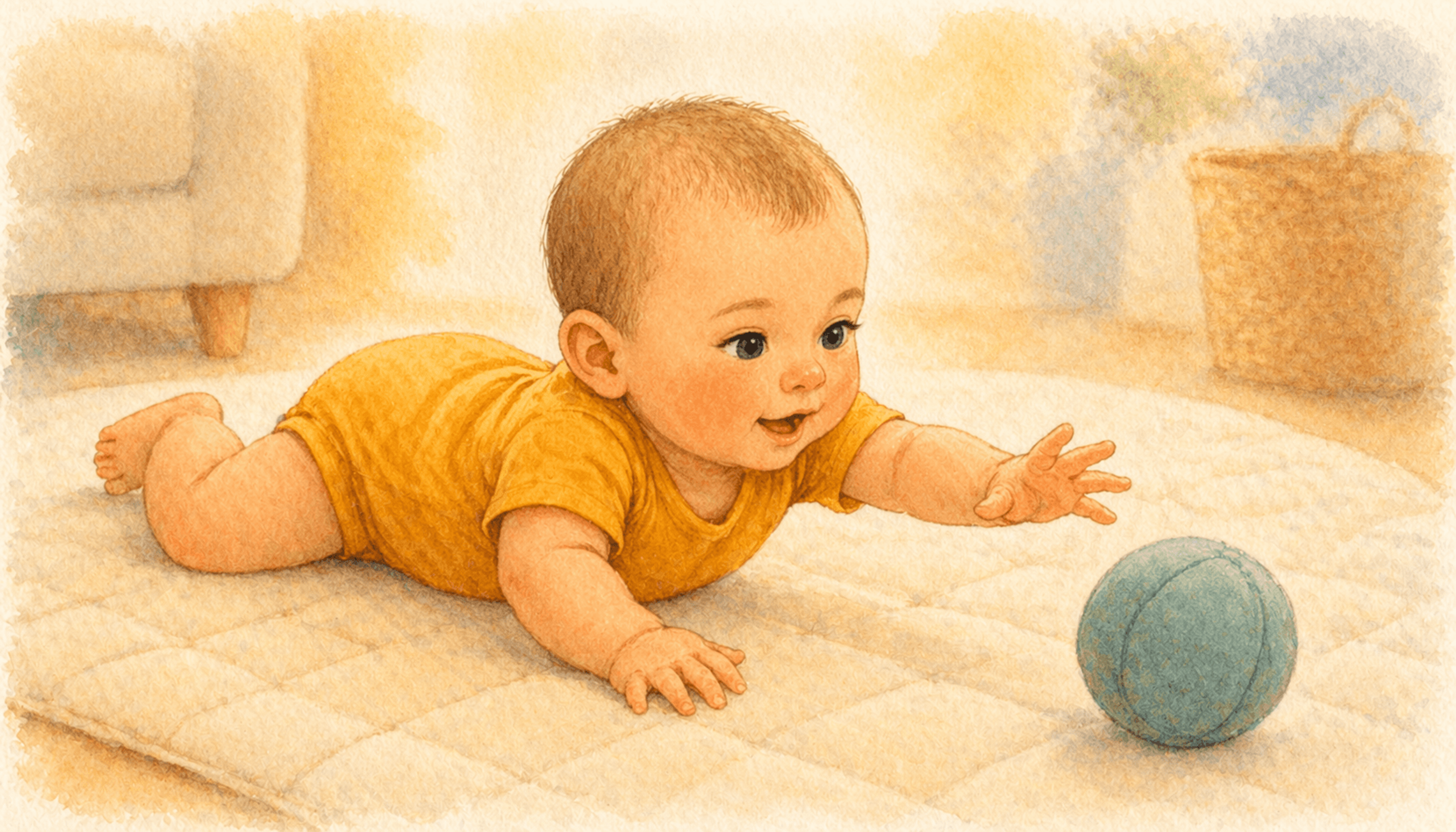 Eight-month-old baby in commando-crawl position on a play mat, propped on forearms and reaching forward toward a soft teal ball — belly-crawling as one normal form of early mobility