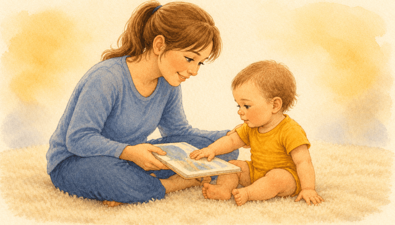 Mother reading a board book with an 18-month-old toddler on a cream rug — building vocabulary as the evidence-based response to toddler biting