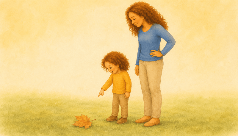 Three-year-old child standing beside mother on a lawn and pointing at an autumn leaf on the grass — outdoor activities for 3 year olds support gross motor development and self-regulation