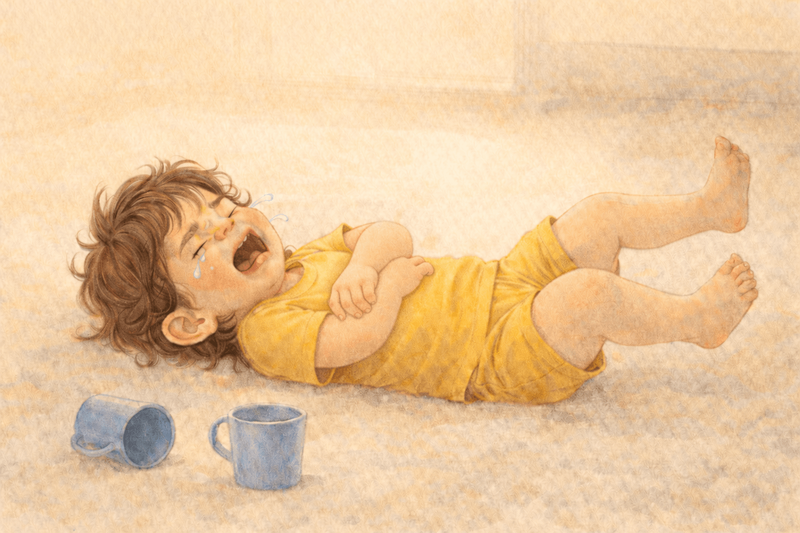 Toddler lying on floor crying next to two identical blue cups — toddler meltdown over choices