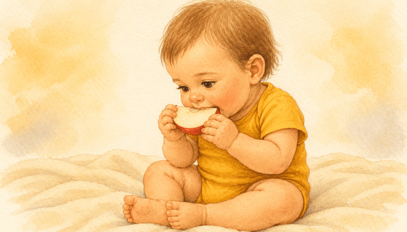 Eighteen-month-old toddler sitting on a cream blanket happily biting into an apple wedge — illustrating oral proprioceptive input as sensory regulation in toddler biting