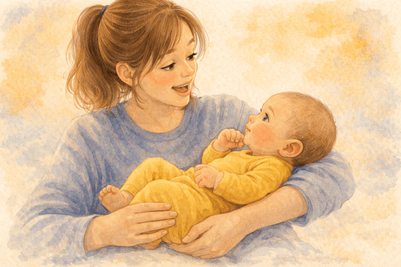 Mother talking to 1 month old baby — conversational turns support early language development