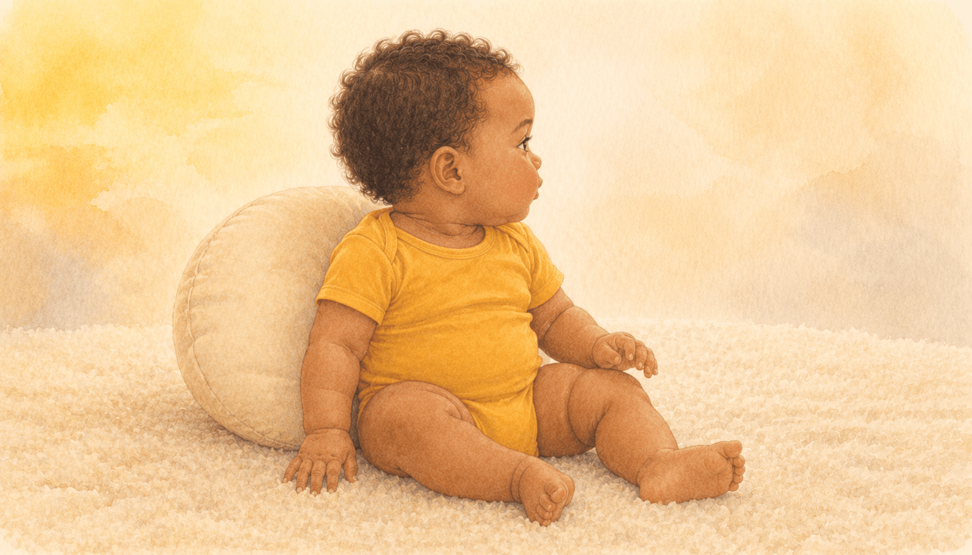 6-month-old baby sitting alone and looking away from the viewer — a quiet moment of self-regulation and early overstimulated baby behavior