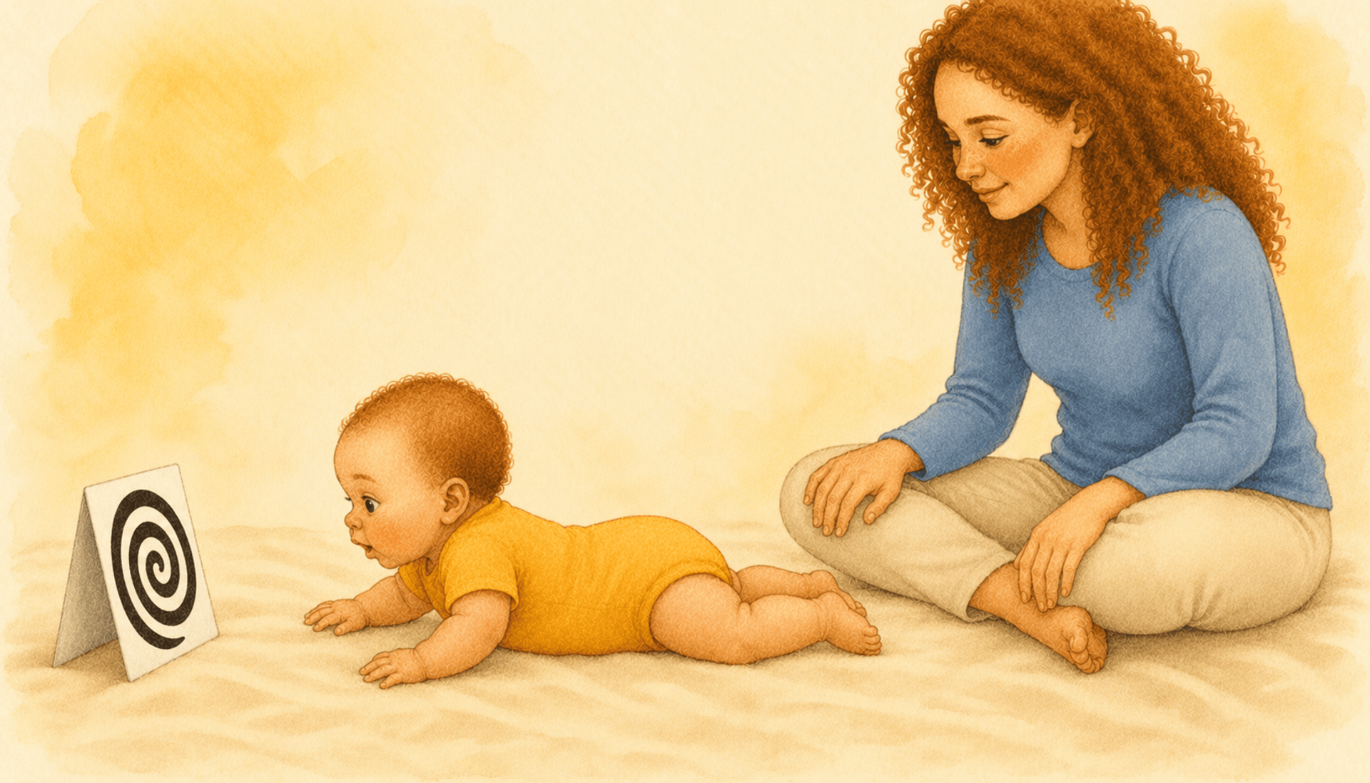 Newborn baby doing tummy time facing a high-contrast black-and-white card while mother sits nearby — fine motor skills baby activities for 0 to 3 months