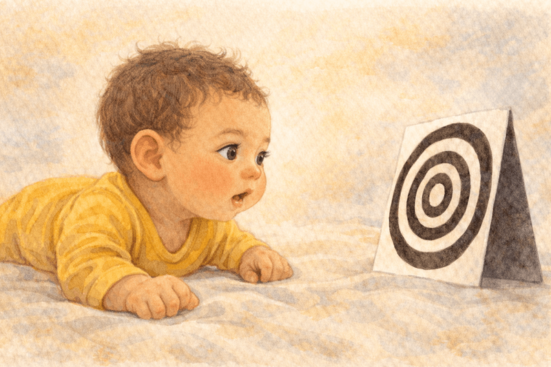 Two month old baby doing tummy time while looking at high contrast card — visual development activity