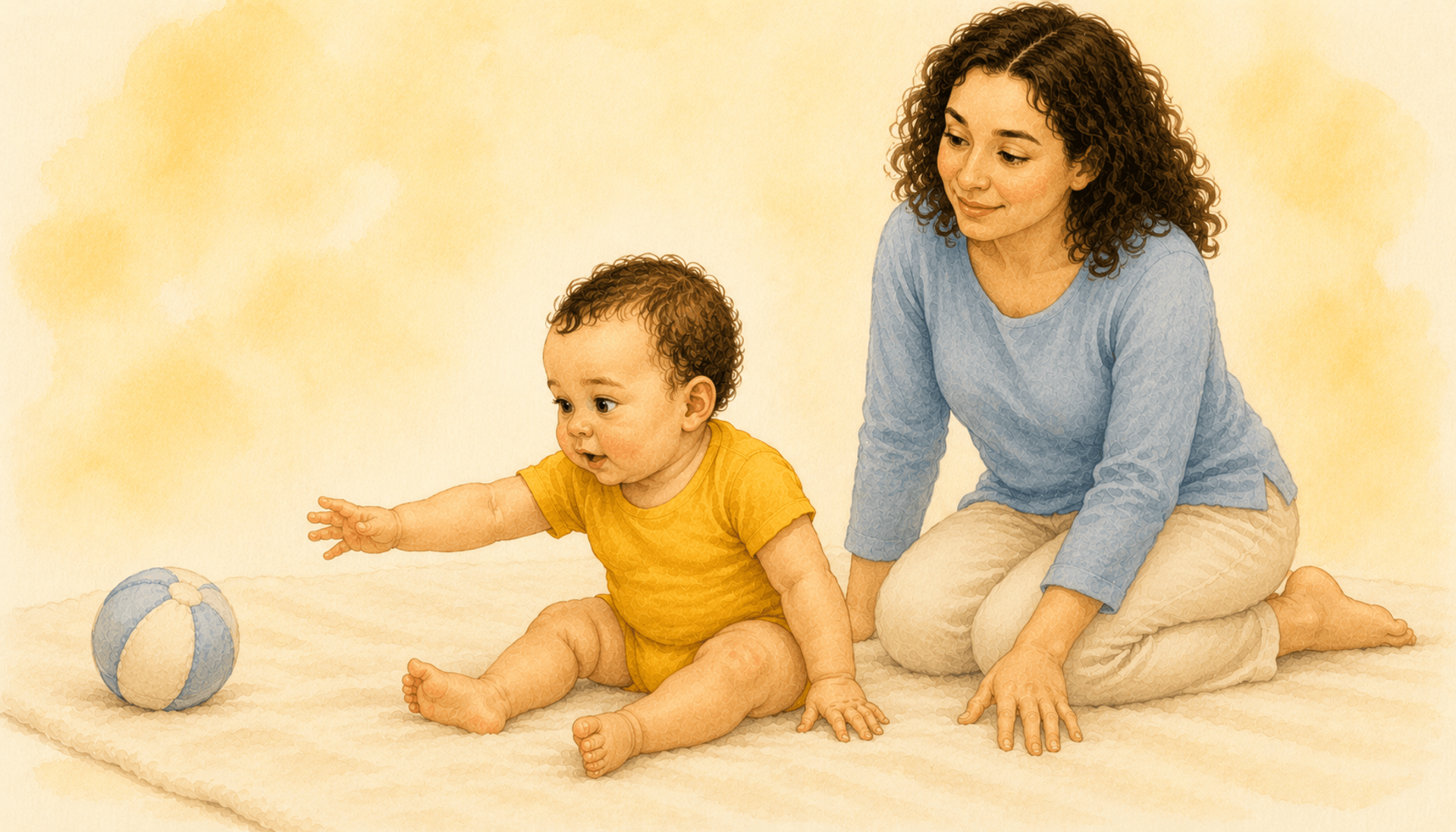 Seven-month-old baby sitting independently on a blanket and reaching toward a soft fabric ball — gross motor skill of independent sitting at 7 months