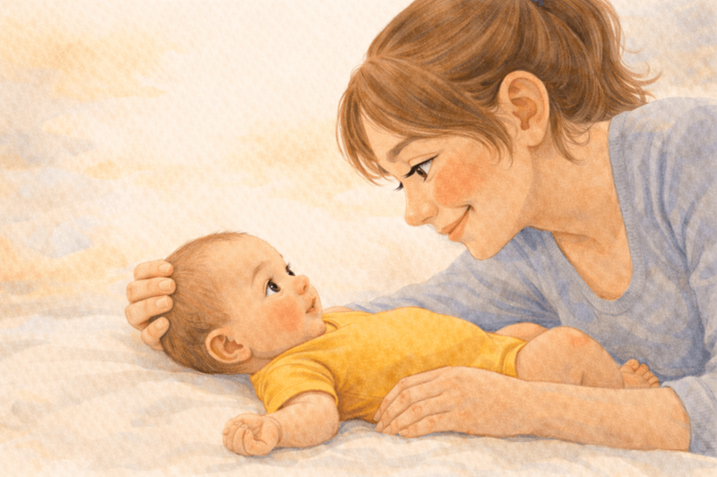 Watercolor close-up of a mother and newborn baby facing each other, about eight inches apart, making eye contact