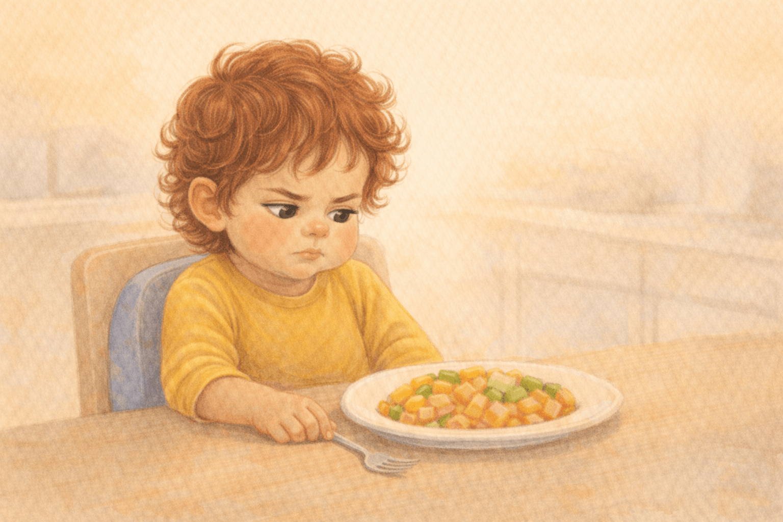 Toddler sitting at table looking at plate of food with suspicious expression — picky eating is normal