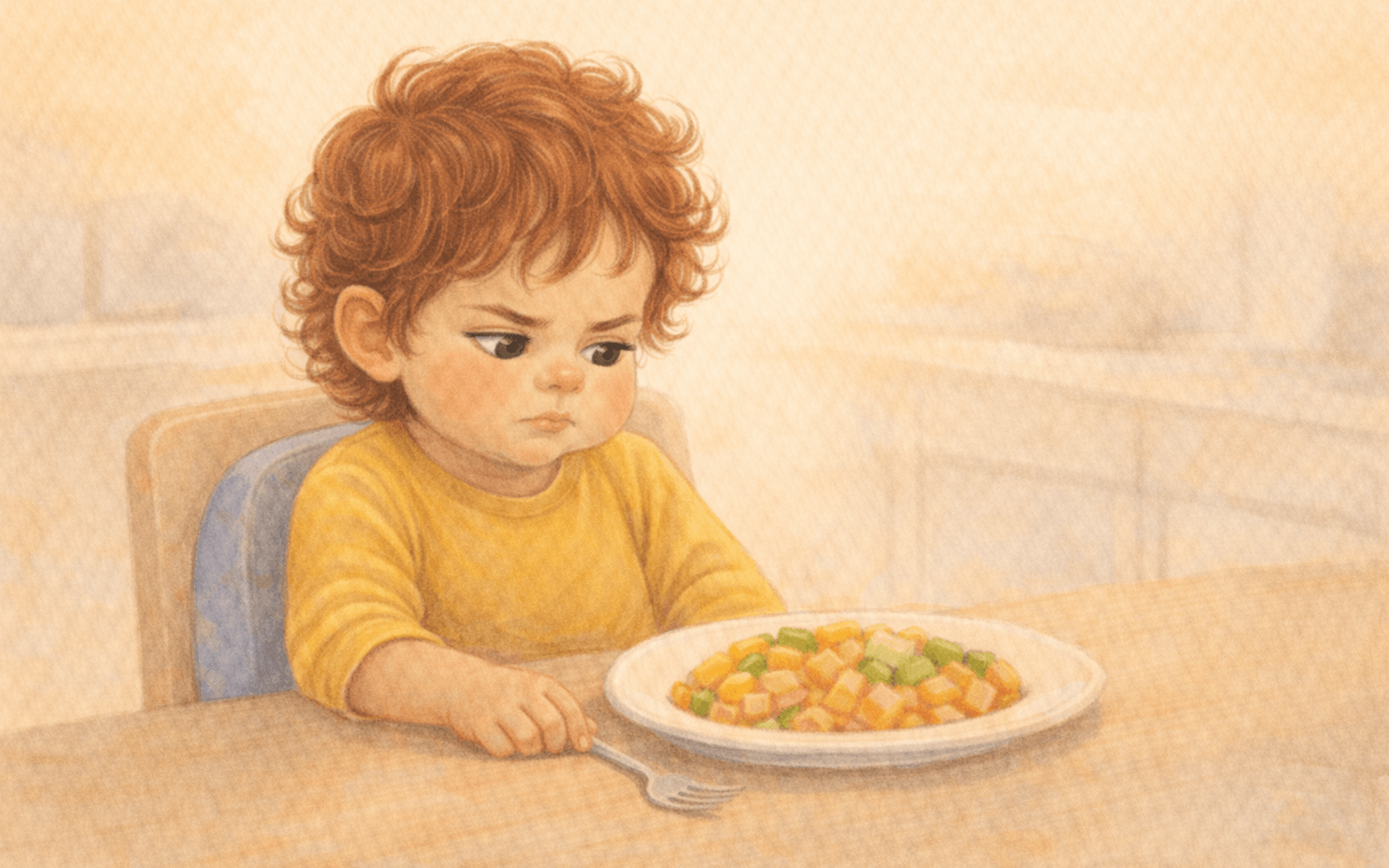Toddler sitting at table looking at plate of food with suspicious expression — picky eating is normal