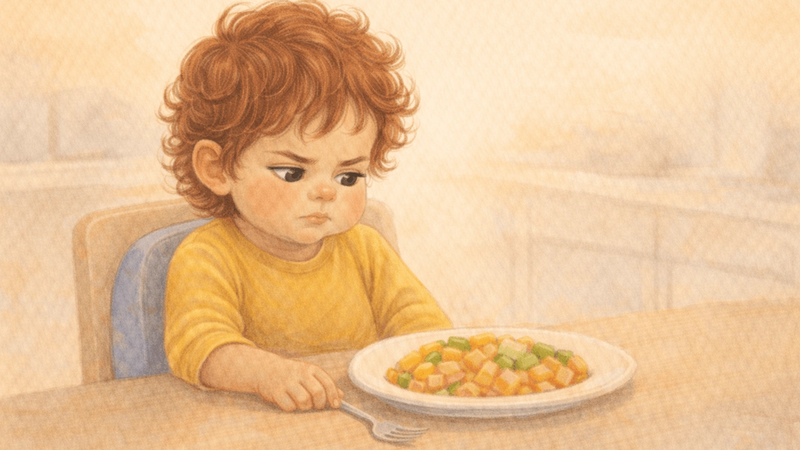 Toddler sitting at table looking at plate of food with suspicious expression — picky eating is normal