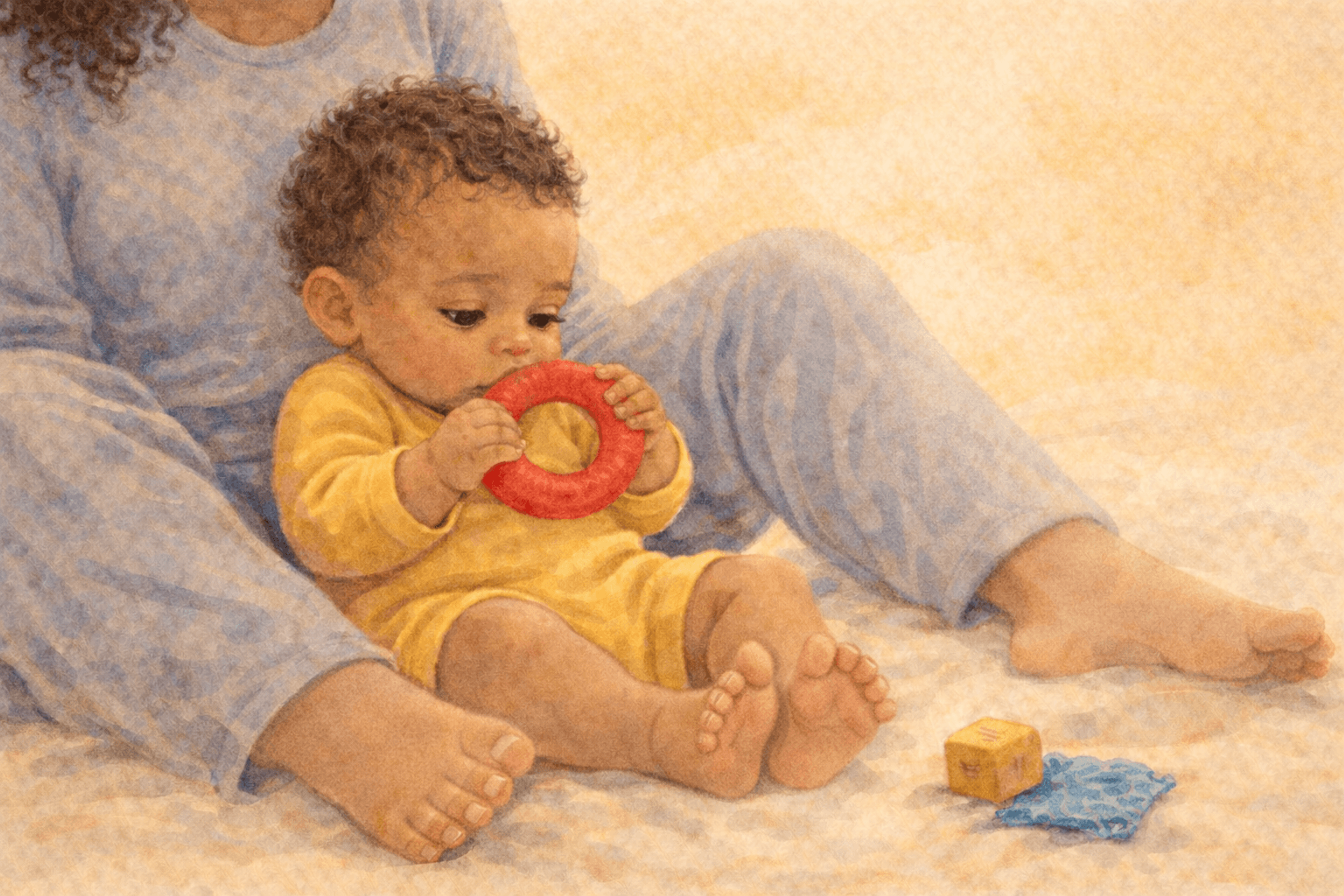 Five month old baby sitting with support between mother's legs exploring a toy with both hands — supported sitting boosts learning