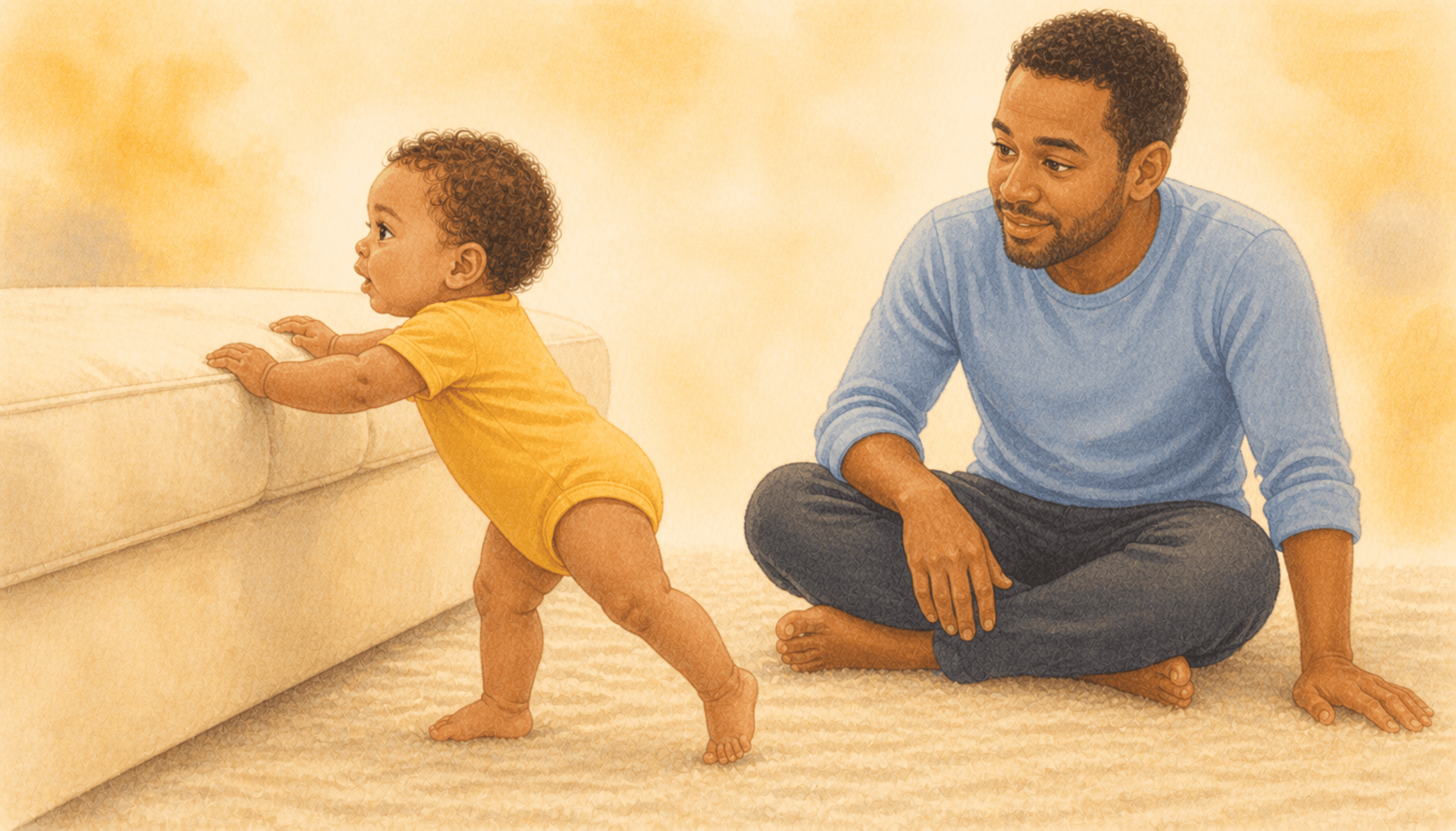 Ten-month-old baby cruising along the front edge of a couch while father sits on the floor watching — gross motor development and cruising activities for 10 month old babies
