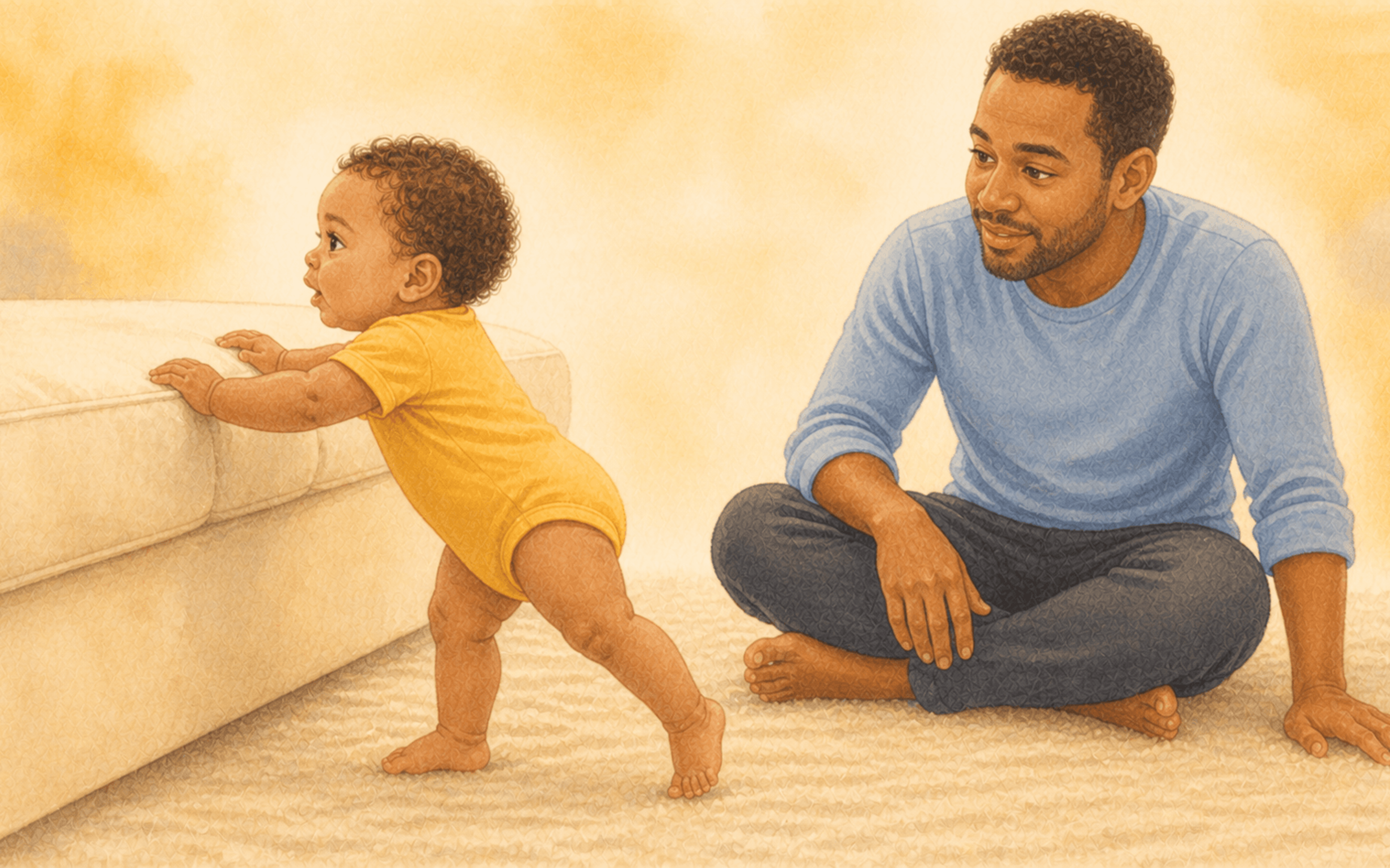 Ten-month-old baby cruising along the front edge of a couch while father sits on the floor watching — gross motor development and cruising activities for 10 month old babies