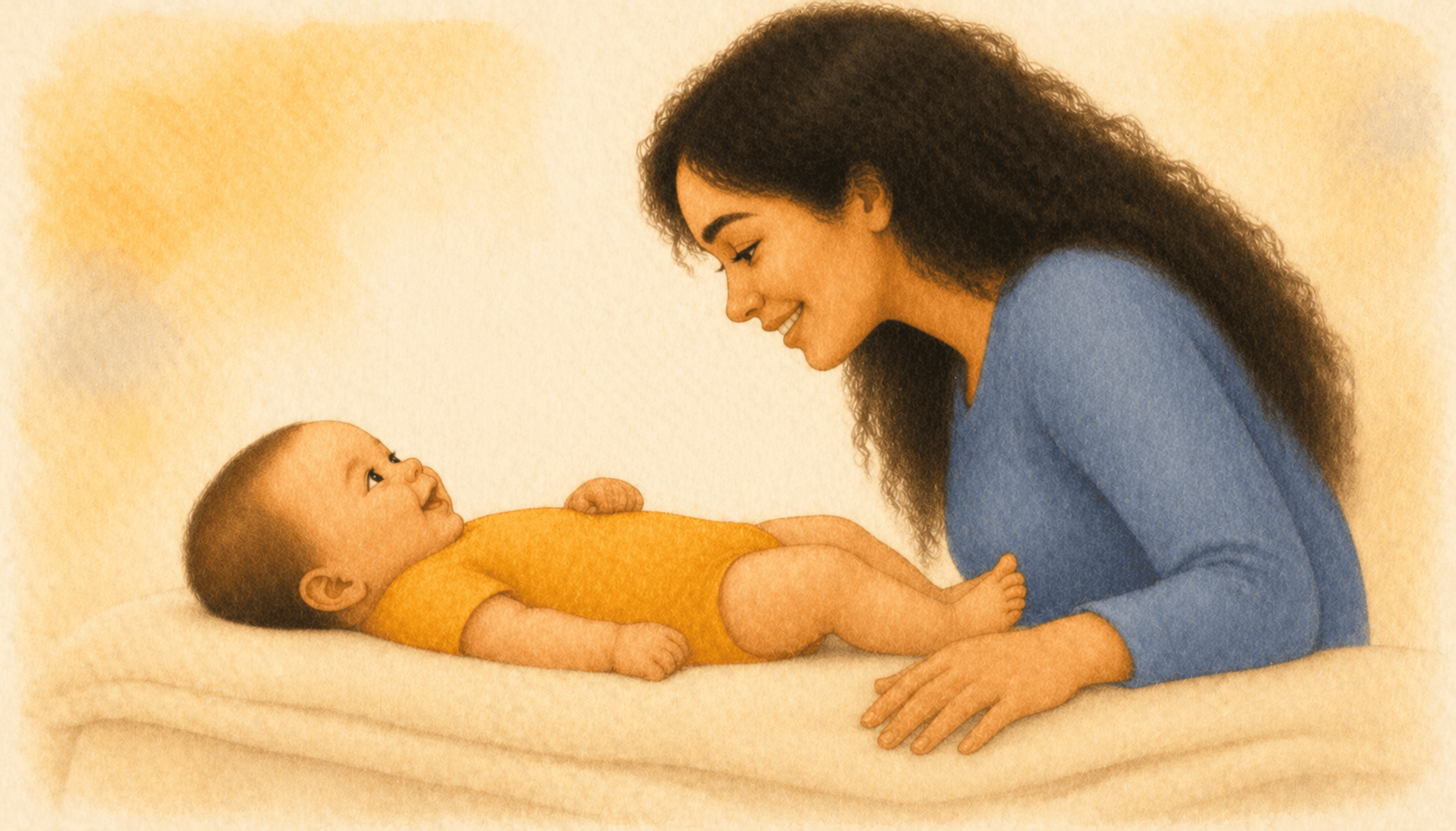 Mother with olive skin and dark wavy hair seated in profile, looking down at 6-week-old baby lying on a cream blanket on her lap smiling up at her — baby's first social smile