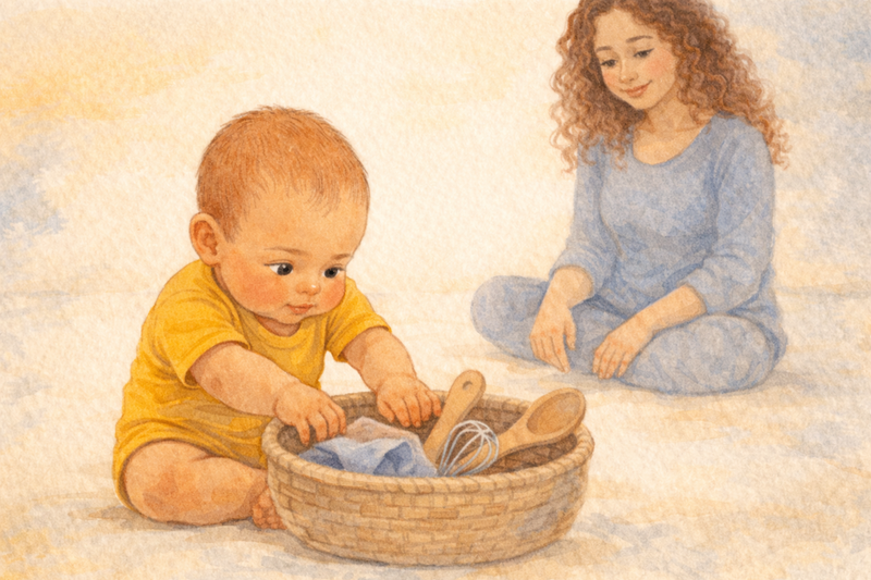 Baby exploring a treasure basket of safe household objects while mother rests nearby — screen-free independent play