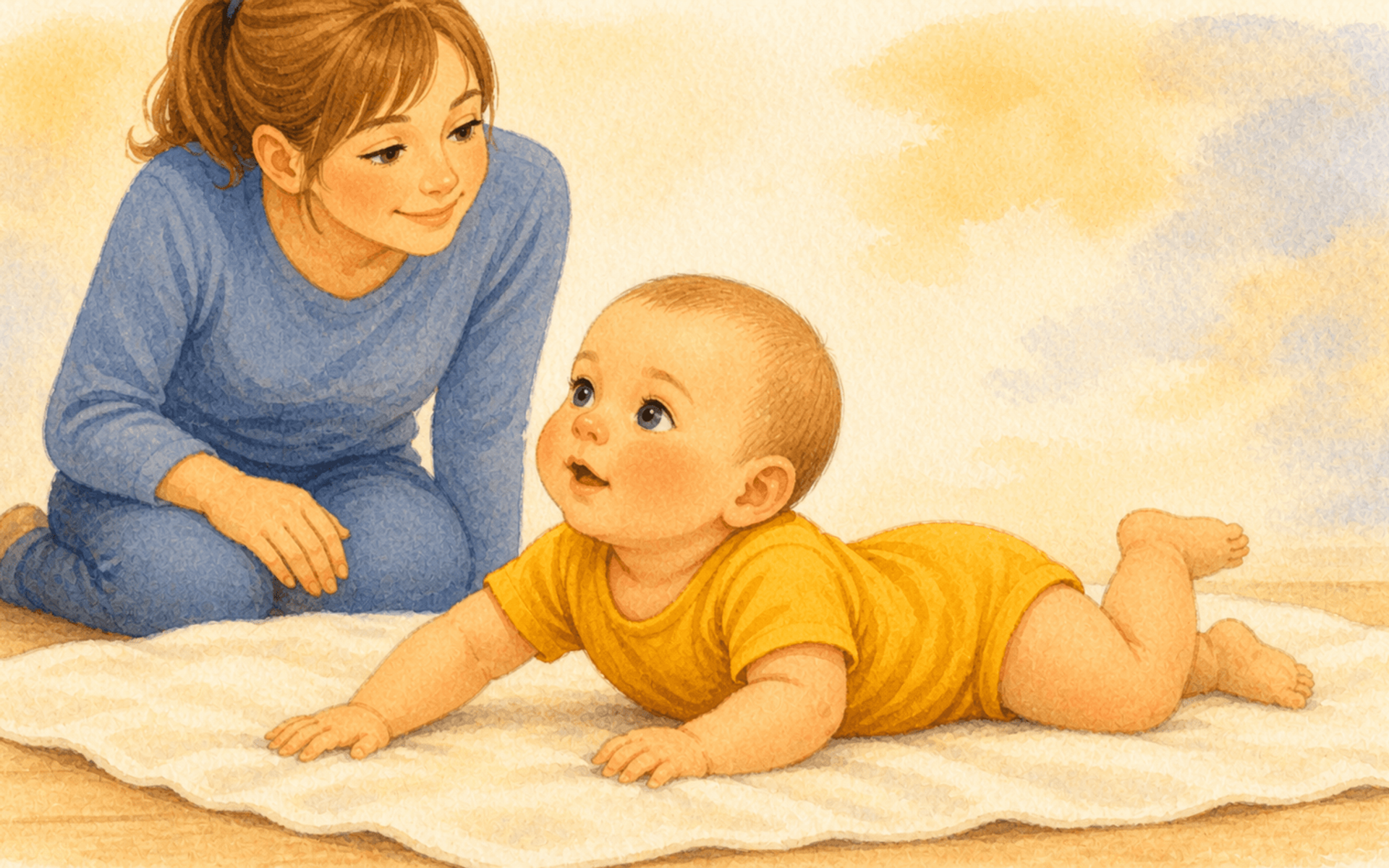 Five-month-old baby just after first accidental roll lying on tummy on cream blanket with mother kneeling behind — illustrating when babies roll over for the first time