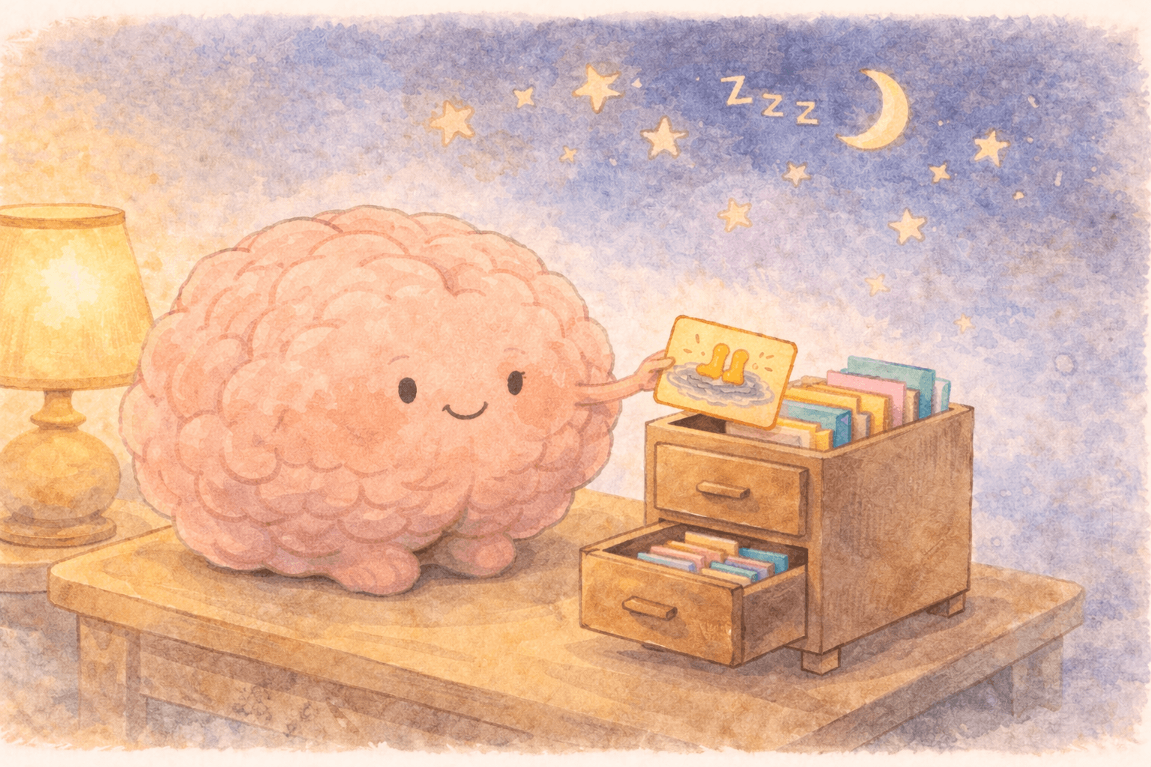 Whimsical illustration of a friendly brain filing memory cards into a cabinet at night