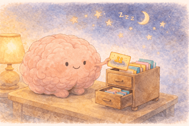 Whimsical illustration of a friendly brain filing memory cards into a cabinet at night