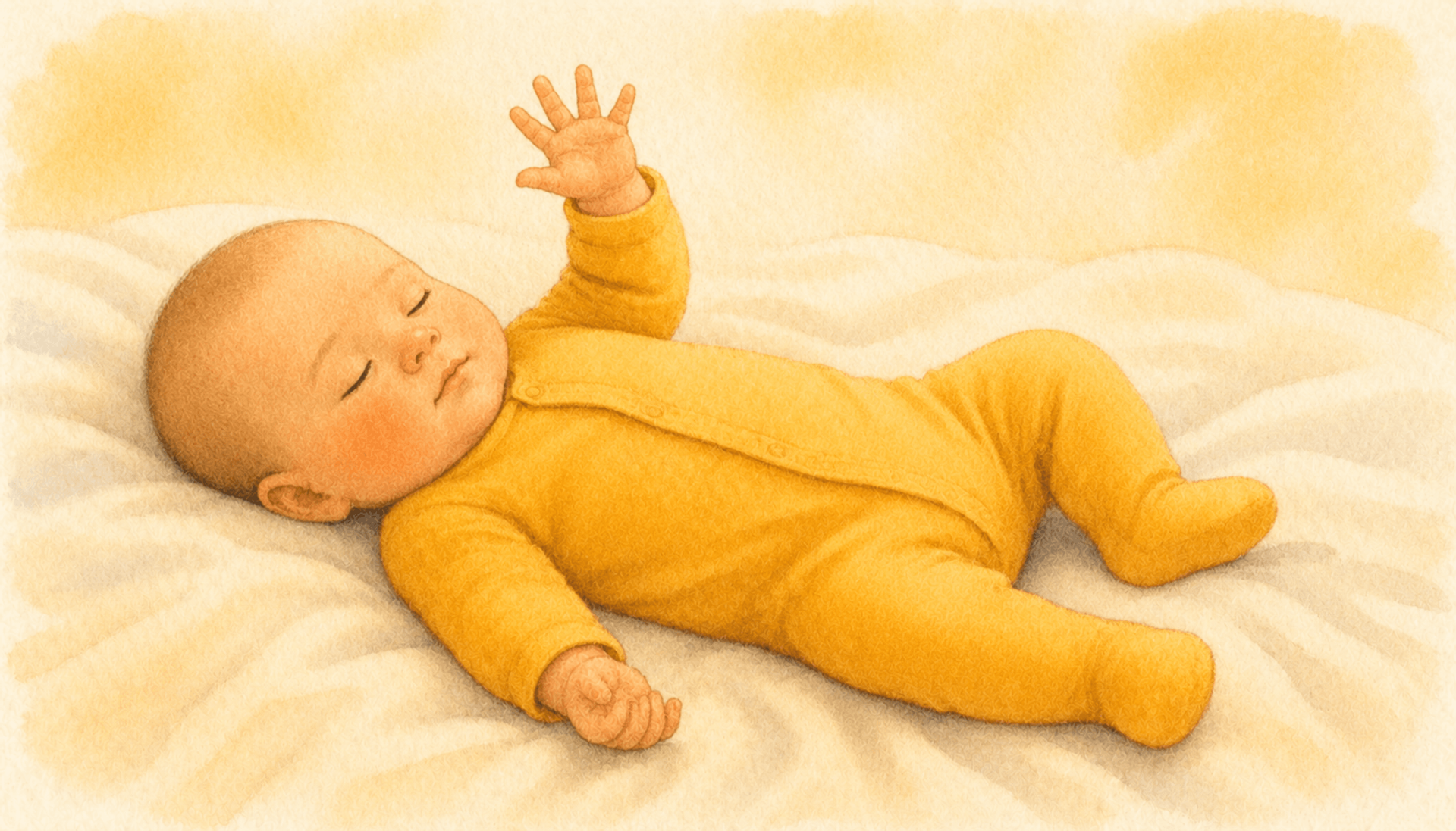 Young infant sleeping on a cream blanket with right arm slightly raised mid-twitch — illustrating myoclonic sleep twitches that drive sensorimotor brain development in year one