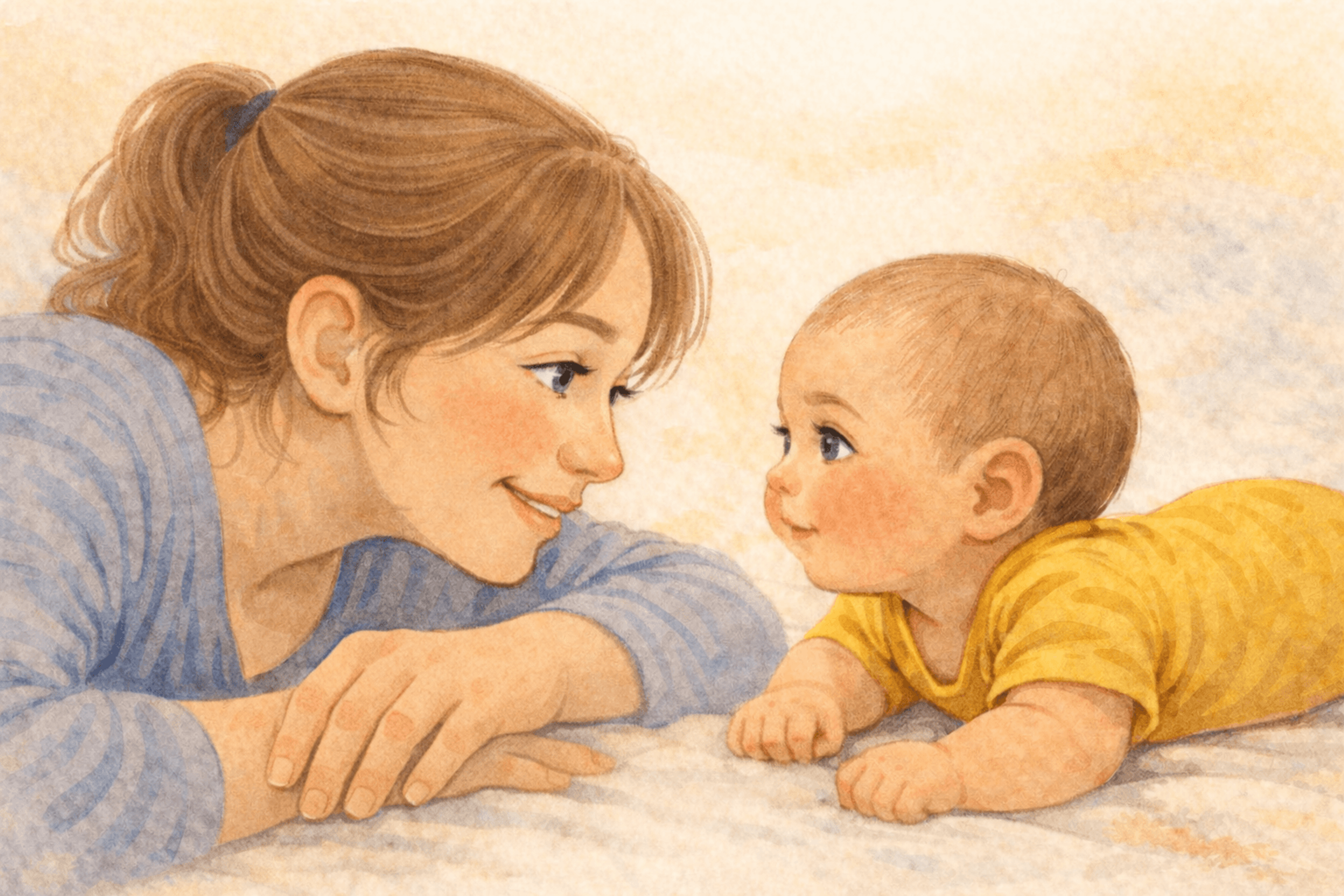 Baby doing tummy time on floor with mother at eye level — developmental activity for 1 month old